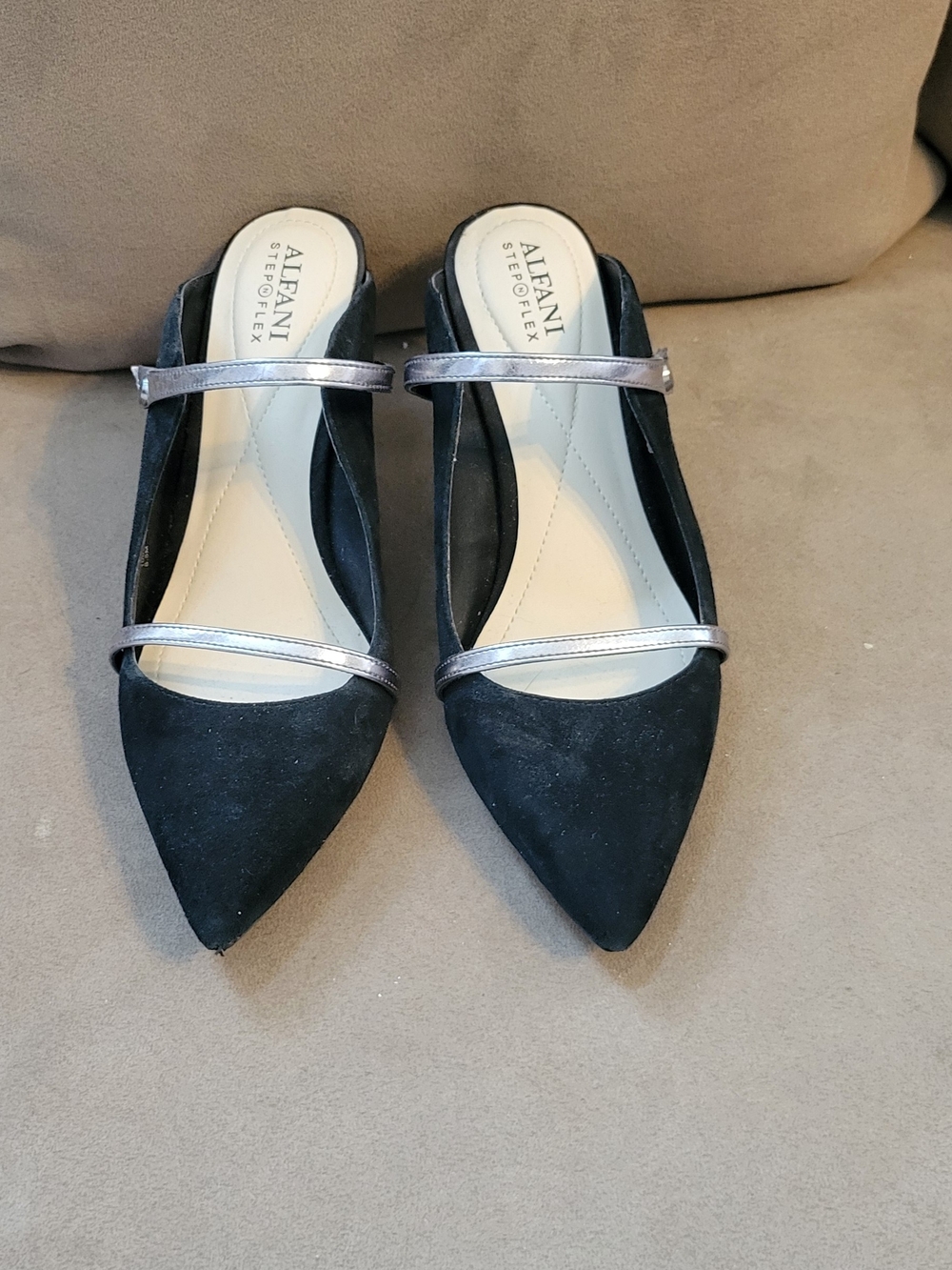 Alfani Black Pointed Toe Mules with Silver Straps